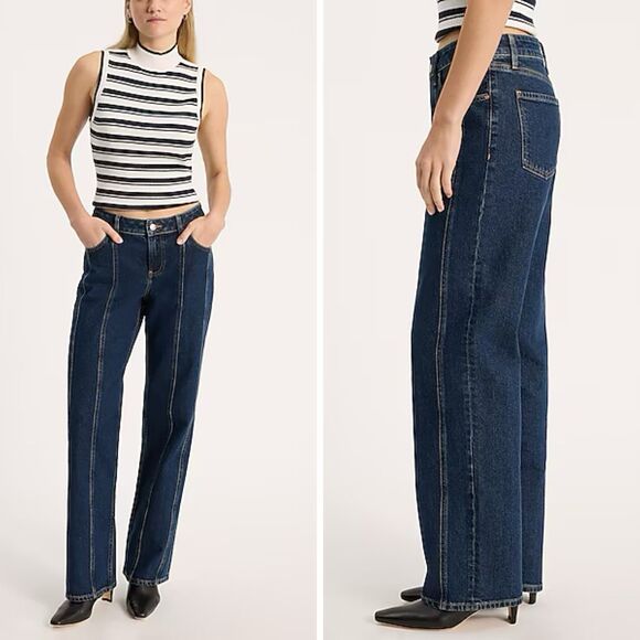 Express Relaxed Straight Jeans Low Rise Rigid Stretch Seamed Dark Blue - Picture 2 of 14